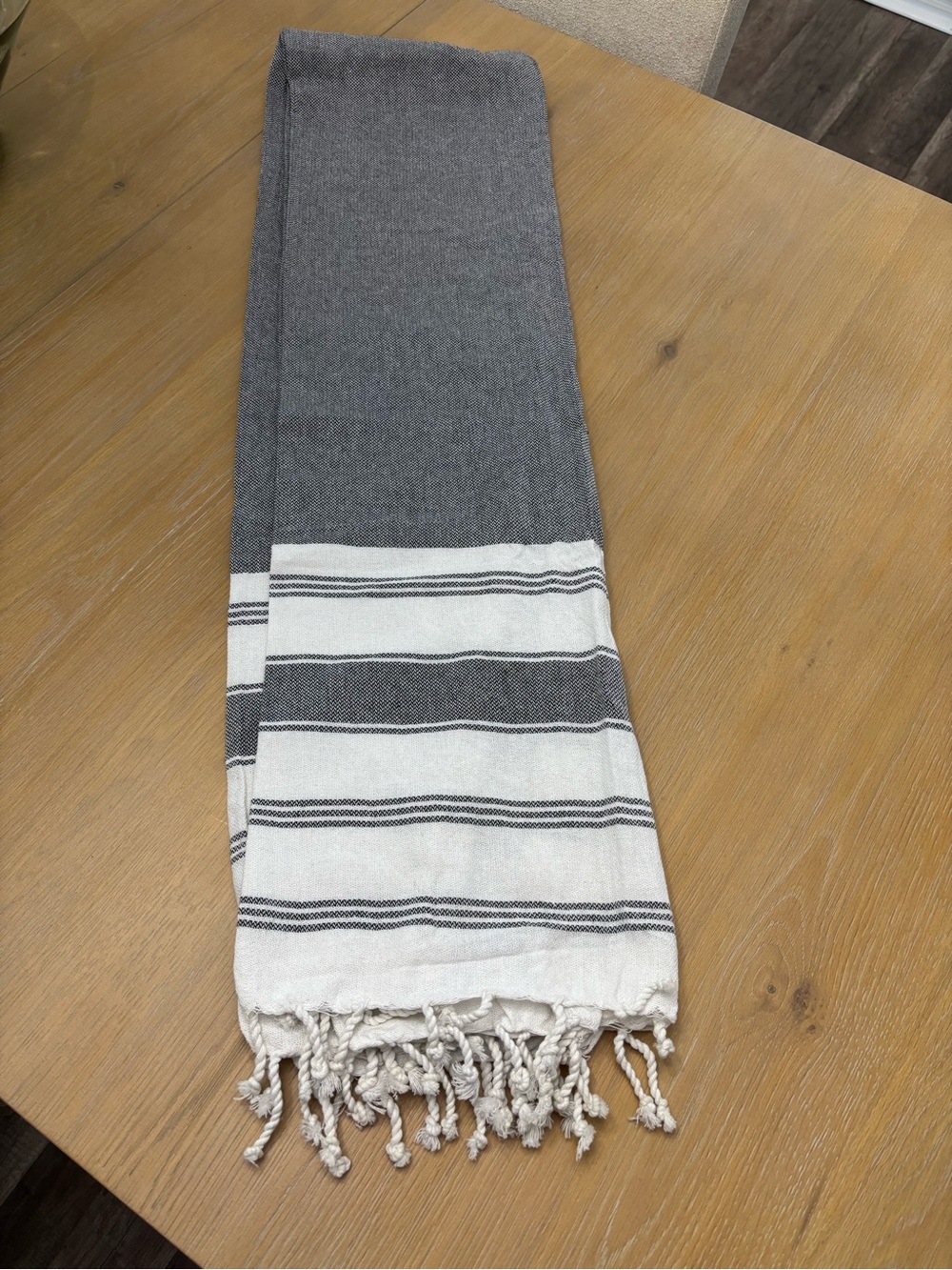 Gray and White Striped Fringed Throw
